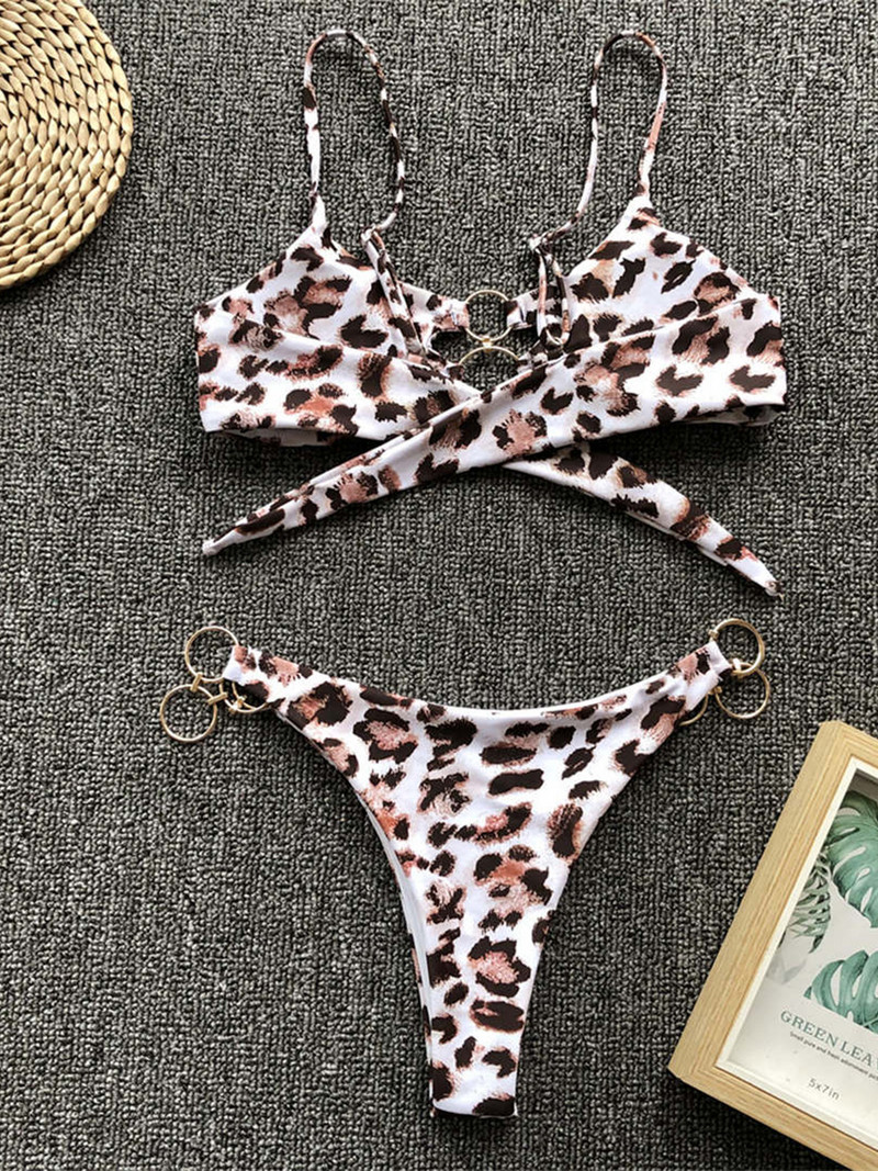 Metalni prstenovi Leopard brazilski bikini Ženski kupaći kostim Ženski kupaći kostim Dvodijelni komplet bikinija Tange Kupaći kostim za plivanje V1441