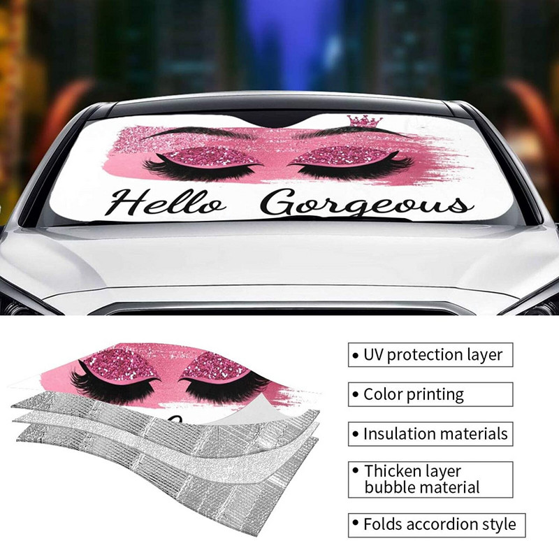 Hello Gorgeous autó szélvédő napernyő, rózsaszín (flitter nélkül) szempilla első ablak napernyők, összecsukható blokk UV sugarak napellenző Protec