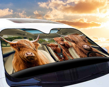Highland Cow Family Car Sunshade, Farm Lover, αστεία δώρα, δώρο για αυτόν, Δώρο για αυτήν, Car Auto Sun Shade, Παρμπρίζ αυτοκινήτου, Car A
