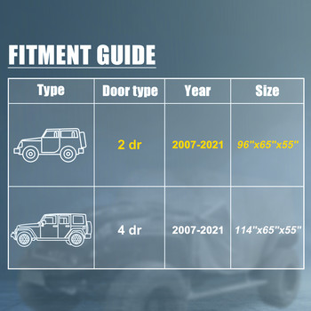 X Autohaux Κάλυμμα αμαξώματος αυτοκινήτου για Jeep Wrangler JK JL Hardtop 2 Door 2007-2021 Outdoor Αντιανεμικό Αδιάβροχο 210D Oxford Protect