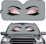 Sieviešu acis ar garām skropstām priekšējā vējstikla ēna grims rozā mirdzoša acu ēnas drukas saliekamais saulessargs sedan kravas apvidus auto