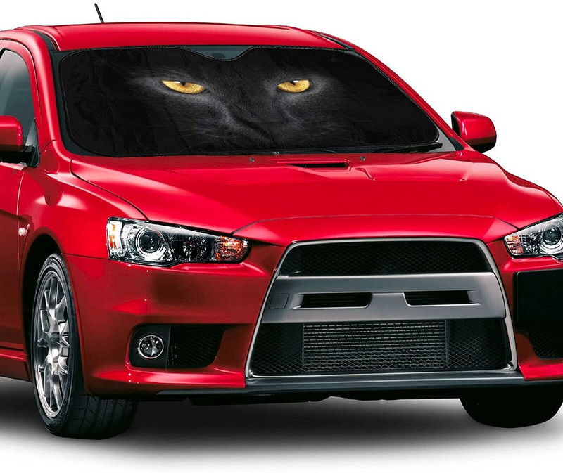 Fața de pisică cu ochi galbeni Parasolar auto pentru parbriz Blocuri pliabile Raze UV Păstrează vehiculul la rece Protejează interiorul