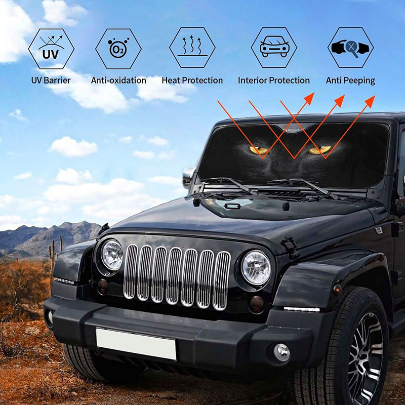 Fața de pisică cu ochi galbeni Parasolar auto pentru parbriz Blocuri pliabile Raze UV Păstrează vehiculul la rece Protejează interiorul