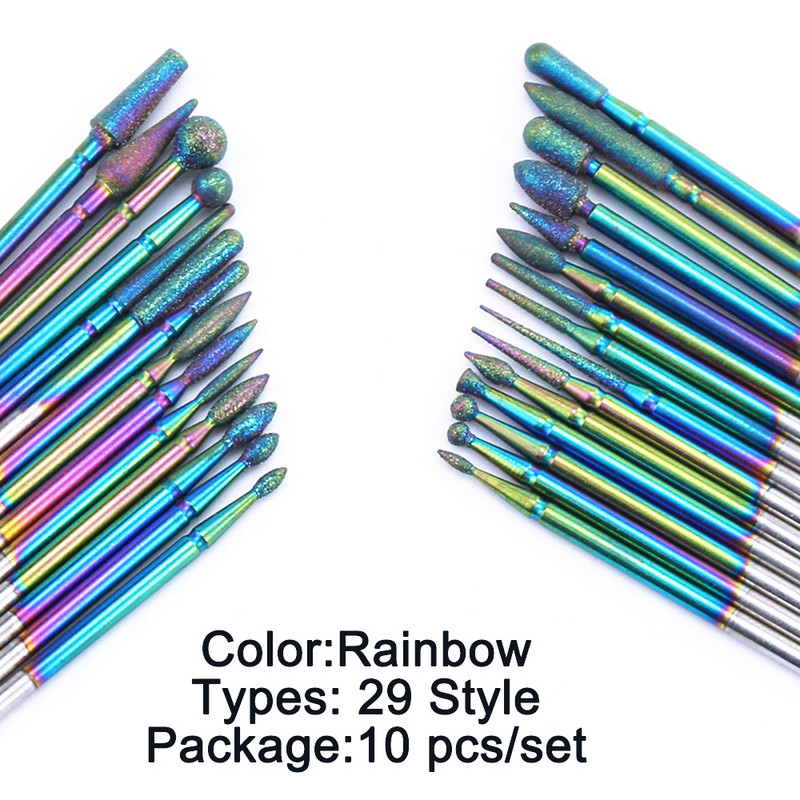 10db Rainbow gyémánt sorja maró körömfúró készlet bevonat keményfém kutikulatisztító elektromos manikűr pedikűrhöz