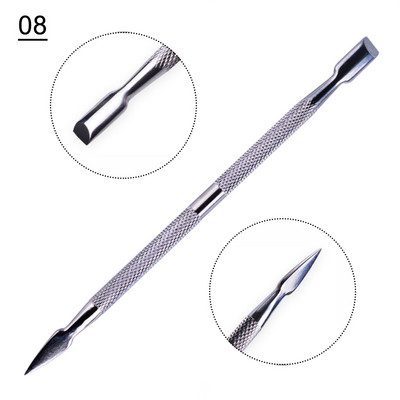 1 gab. Divu galu kutikulas Nails Pusher Dead Skin Remover Pedikīrs Nerūsējošā tērauda kopšanas nagu instruments Manikīra piederumi NL1-9