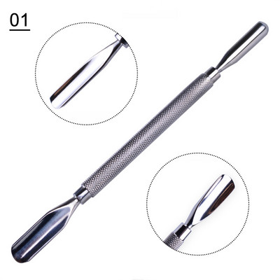 1 gab. Divu galu kutikulas Nails Pusher Dead Skin Remover Pedikīrs Nerūsējošā tērauda kopšanas nagu instruments Manikīra piederumi NL1-9