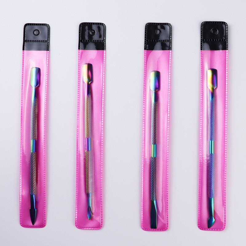 Spalvotas titano plienas, stumiamas negyvas odos stūmimas Mados dizainas Dvi galvutė nerūdijančio plieno odelių stūmiklis Manikiūras Nagų dailės įrankis