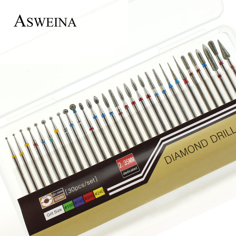 ASWEINA 30vnt/komplektas Deimantinis nagų grąžtas odelių odelių aparatas manikiūro mašinai Priedai Frezė Nuėmimo įrankiai Nagų dildės