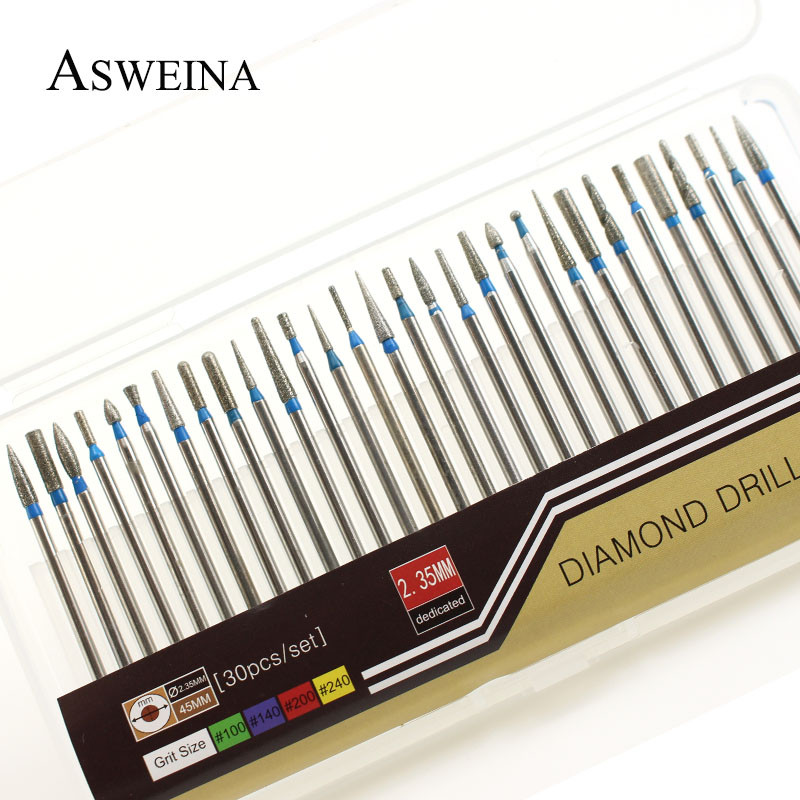 ASWEINA 30vnt/komplektas Deimantinis nagų grąžtas odelių odelių aparatas manikiūro mašinai Priedai Frezė Nuėmimo įrankiai Nagų dildės