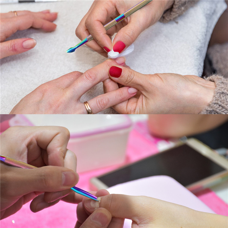 Dvostruka glava Rainbow od nehrđajućeg čelika Gurač zanoktica Pinceta Odstranjivač mrtve kože Čistač noktiju Alati za manikuru Nail Art Pedikura