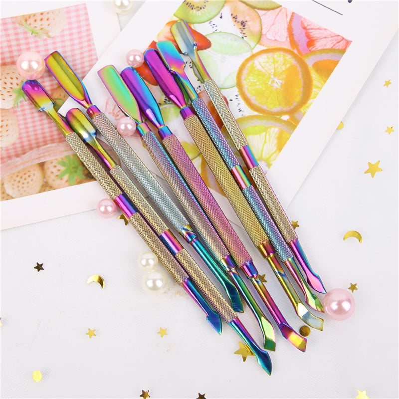 Dvostruka glava Rainbow od nehrđajućeg čelika Gurač zanoktica Pinceta Odstranjivač mrtve kože Čistač noktiju Alati za manikuru Nail Art Pedikura