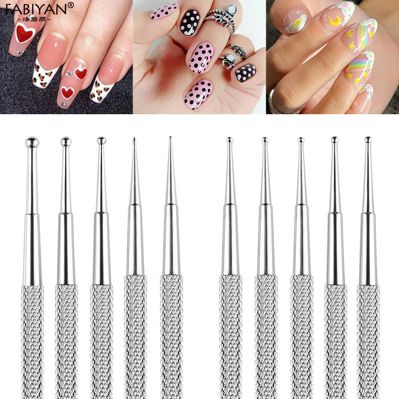5PCS Nail Art Dotting Pen Dual End od nehrđajućeg čelika Dizajn slikanje Točkasti kamenčići Kristalni dragulji Akrilni alati za manikuru