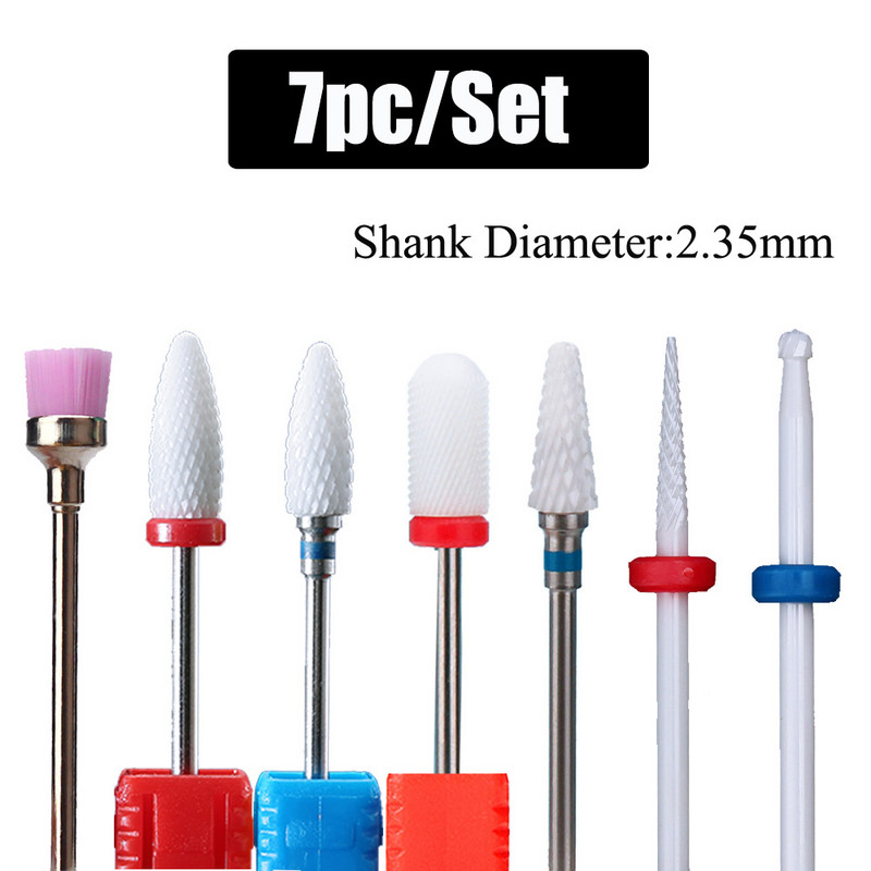 7 vnt Keraminių nagų grąžtų rinkinys Deimantiniai frezavimo pjaustytuvai manikiūrui Liepsnos grąžtai Gelinis lakas Pašalinti dildės Nagų priedai