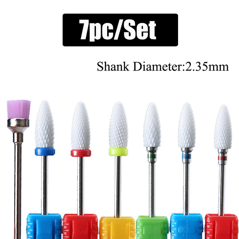 7 vnt Keraminių nagų grąžtų rinkinys Deimantiniai frezavimo pjaustytuvai manikiūrui Liepsnos grąžtai Gelinis lakas Pašalinti dildės Nagų priedai