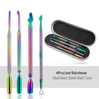 4 τεμάχια/Κουτί από ανοξείδωτο ατσάλι Pusher Cuticle Chameleon Rainbow Gel Remover Nail Art Tools Λίμα νυχιών Dead Skin Push Cuticle