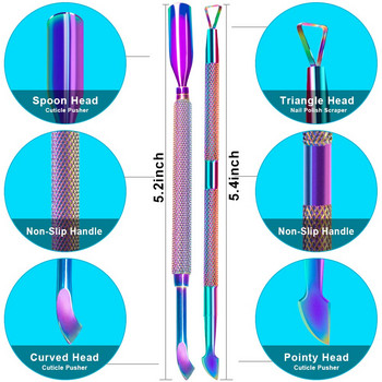2PCS Метален хамелеон избутвач на кутикула и нож за премахване на салонно качество от неръждаема стомана с ацетонов гел скрепер за белене на лак за нокти