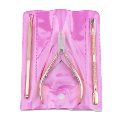 3db/táska Rose Gold Pro rozsdamentes acél kutikula eltávolító nyomó olló körömszerszám szett Finger Dead Skin csipeszvágó