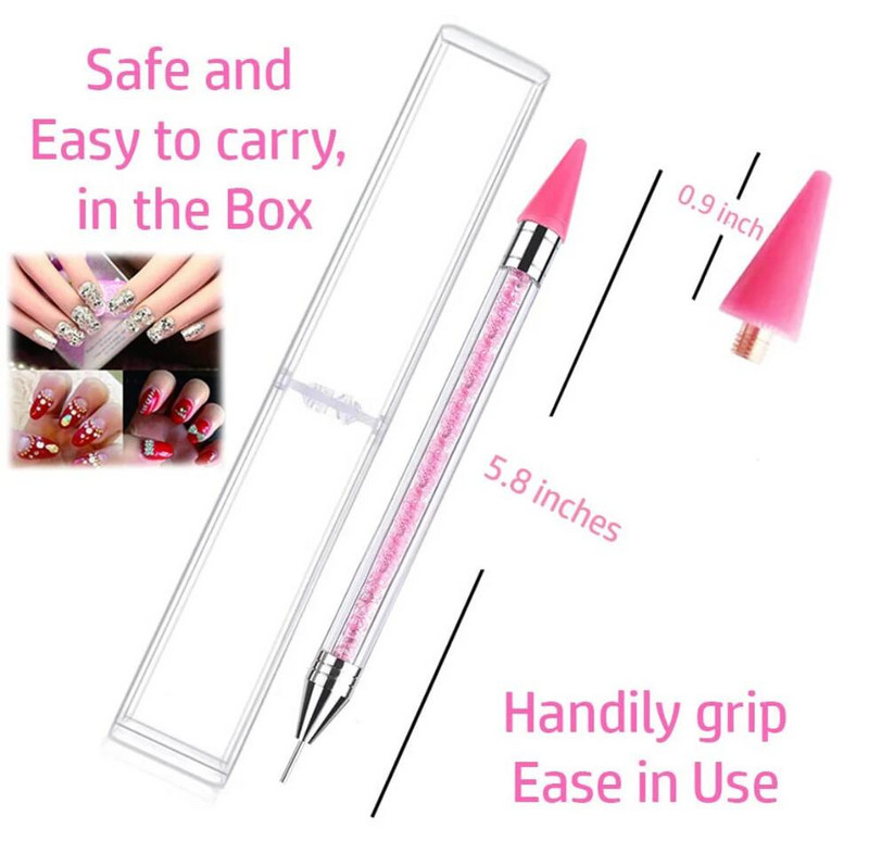 Körömgyöngy Kristály Rhinestone Picker Pen Dotting Wax Nail Art Craft Tool + Case 2 Kétvégű viasztoll strasszszedő Pöttyöshez