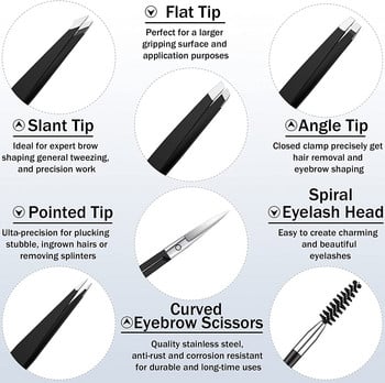 6 бр. Комплект пинсети за вежди с извити ножици Четка за мигли Брада Обезкосмяване на вежди Очи Щипки за издърпване на косми на лицето