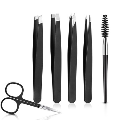 6 Pcs Eyebrow Tweezers Set with Curved Scissors Eyelash Brush Beard Eye Brow Hair Removal Plucker for Face Hairs Puller Clips