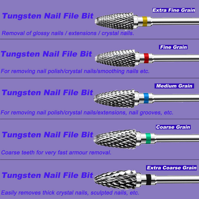 Τρυπάνια νυχιών βολφραμίου Τρυπάνια νυχιών 3/32 ιντσών για ακρυλικά νύχια μανικιούρ πεντικιούρ Shapen Remove Tools, Home Salon Use