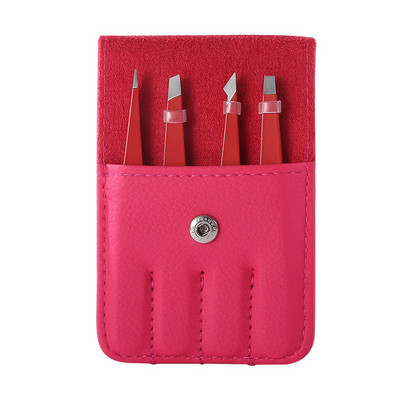 Σετ τσιμπιδάκια φρυδιών 4 τμχ από ανοξείδωτο ατσάλι Επίπεδη μύτη/Κεκρή μύτη/Σημείο τσιμπίδα αποτρίχωσης ματιών με ροζ τσάντα 4 χρωμάτων