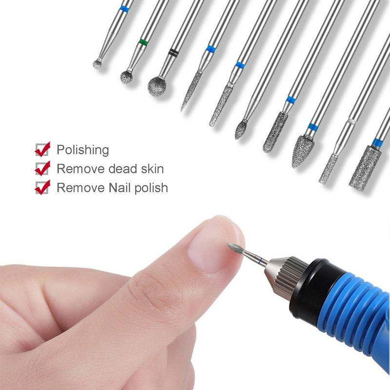 10 τμχ Electric Nail Drill Bits Kit 3/32", Επαγγελματικές μπιτς γυαλίσματος επιδερμίδων για ακρυλικό τζελ νυχιών