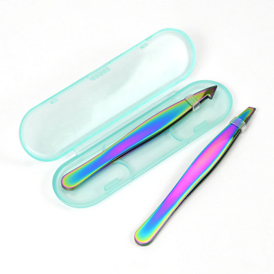 2 τμχ Σετ τσιμπιδάκι φρυδιών από ανοξείδωτο ατσάλι με κουτί μαύρο ασημί μακιγιάζ Κλιπ προέκτασης βλεφαρίδων Επίπεδη λοξή τσιμπίδα πολλαπλών χρήσεων