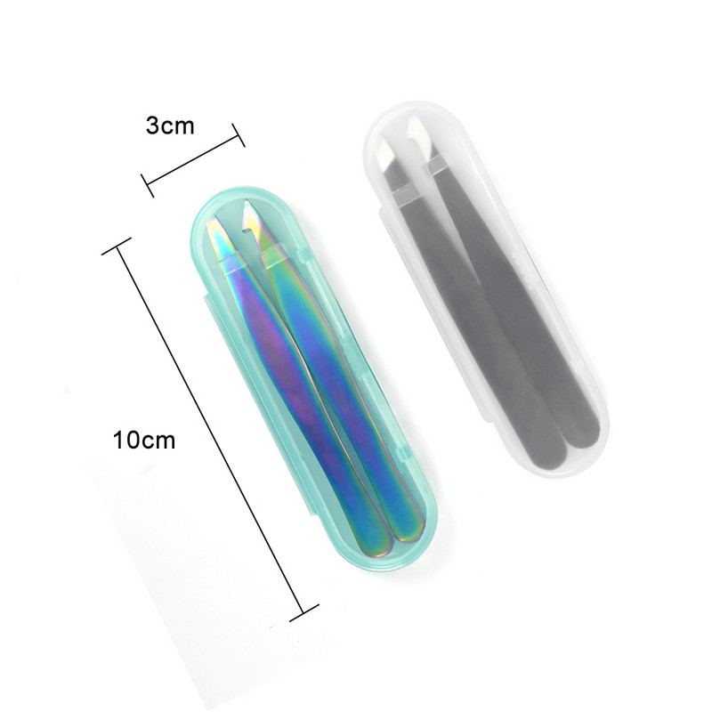 2 τμχ Σετ τσιμπιδάκι φρυδιών από ανοξείδωτο ατσάλι με κουτί μαύρο ασημί μακιγιάζ Κλιπ προέκτασης βλεφαρίδων Επίπεδη λοξή τσιμπίδα πολλαπλών χρήσεων