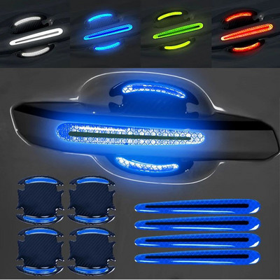 8 bendrosios paskirties 3D anglies pluošto automobilių durelių rankenų lipdukai, atsparūs įbrėžimams lipdukai automobilio saugos šviesą atspindinčios juostelės automobilio lipdukai
