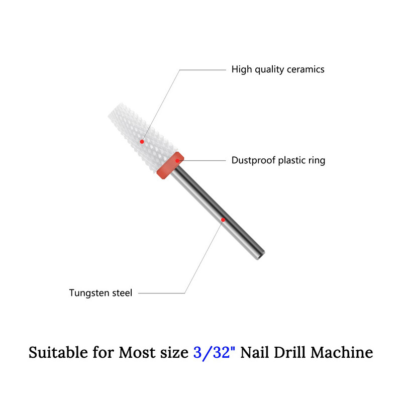 3/32" keramička svrdla za nokte, sužena cijev s ravnim vrhom, sigurnosno glodalo s niskom temperaturom za akrilne gel nokte, uporaba u kućnom salonu