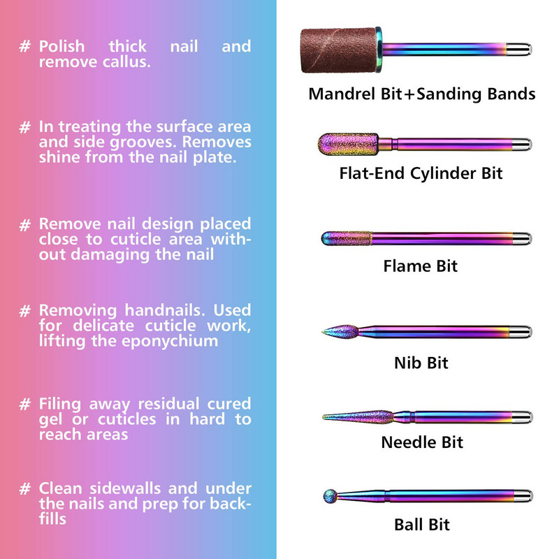 Set dijamantnih svrdla za nokte od 6 kom s brusnim trakama Set svrdla za nokte s trnom 3/32" za akrilne nokte, uklanjanje noktiju s gelom zanoktice