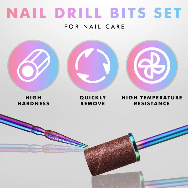 Set dijamantnih svrdla za nokte od 6 kom s brusnim trakama Set svrdla za nokte s trnom 3/32" za akrilne nokte, uklanjanje noktiju s gelom zanoktice