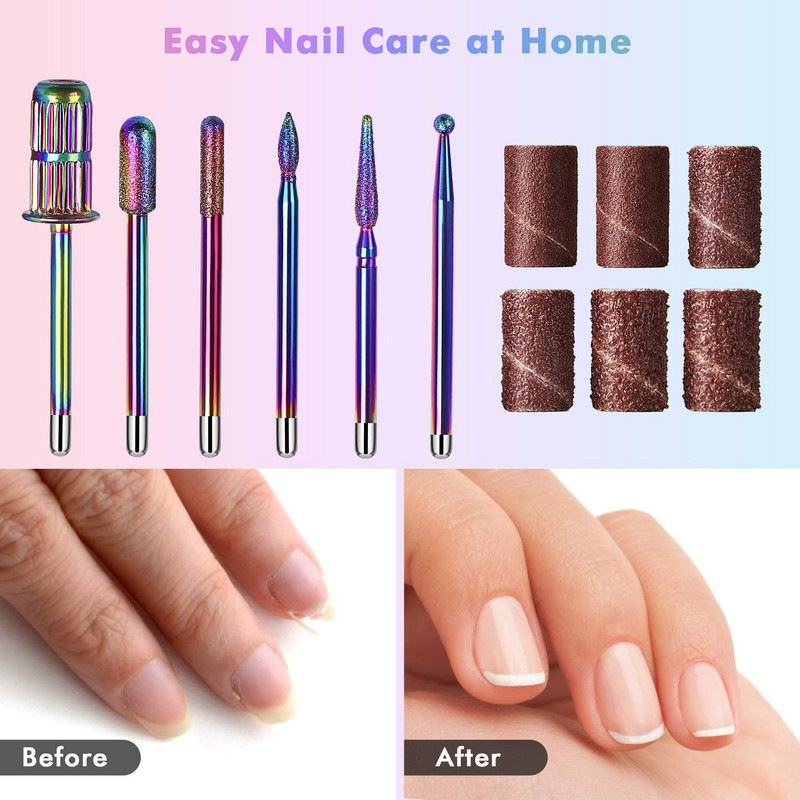 Set dijamantnih svrdla za nokte od 6 kom s brusnim trakama Set svrdla za nokte s trnom 3/32" za akrilne nokte, uklanjanje noktiju s gelom zanoktice