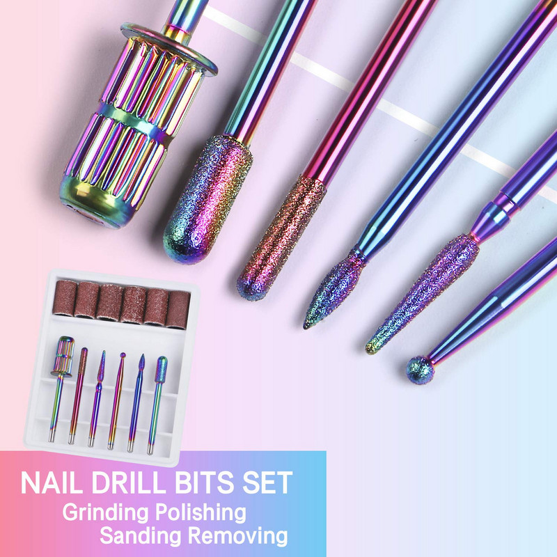 Set dijamantnih svrdla za nokte od 6 kom s brusnim trakama Set svrdla za nokte s trnom 3/32" za akrilne nokte, uklanjanje noktiju s gelom zanoktice