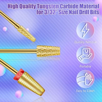 5 в 1 свредла за нокти 3/32 инча, заострена цев и конусовидна карбидна свредла за нокти за отстраняване на акрил или гел (злато)