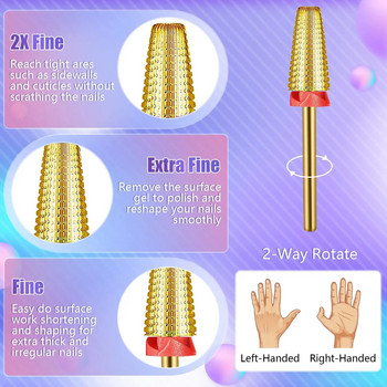 5 в 1 свредла за нокти 3/32 инча, заострена цев и конусовидна карбидна свредла за нокти за отстраняване на акрил или гел (злато)