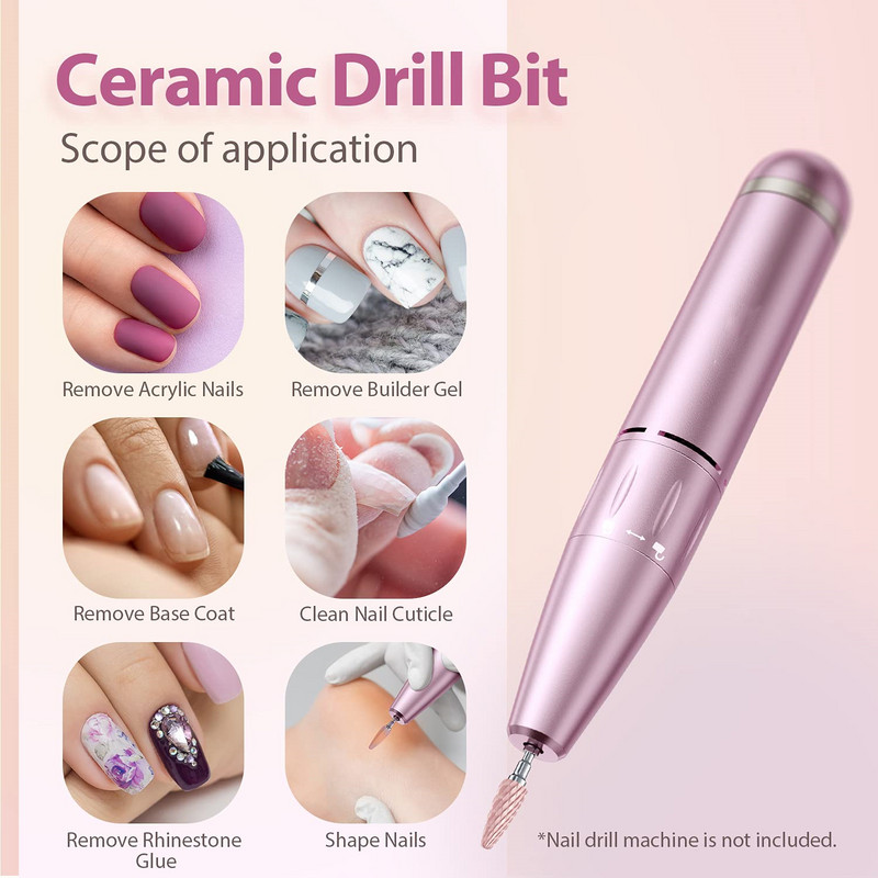 3/32 colių keraminiai nagų grąžtai, rožiniai manikiūro grąžtai, skirti pašalinti akrilo kietą gelį, profesionalūs nagų priedai namų salonui