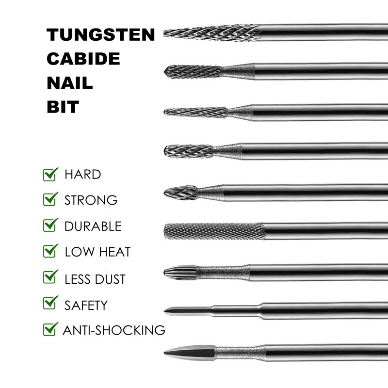 Profesionalus manikiūro grąžtas nagams Volframo korpuso frezavimo pjoviklis nagų šlifuoklio antgaliai odelių šalinimo nagų šlifavimo priedai