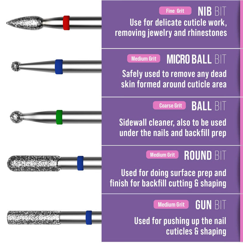 10 vnt deimantinių nagų grąžtų rinkinys akriliniams nagams profesionaliems odelių grąžtų manikiūro įrankis namų salonui SPA
