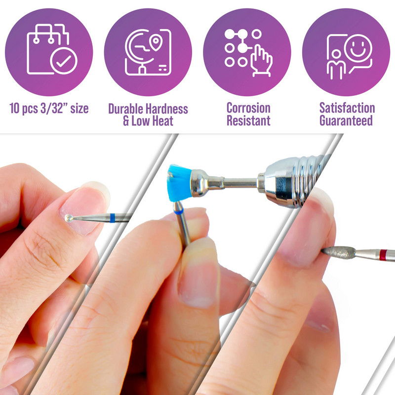 10 vnt deimantinių nagų grąžtų rinkinys akriliniams nagams profesionaliems odelių grąžtų manikiūro įrankis namų salonui SPA