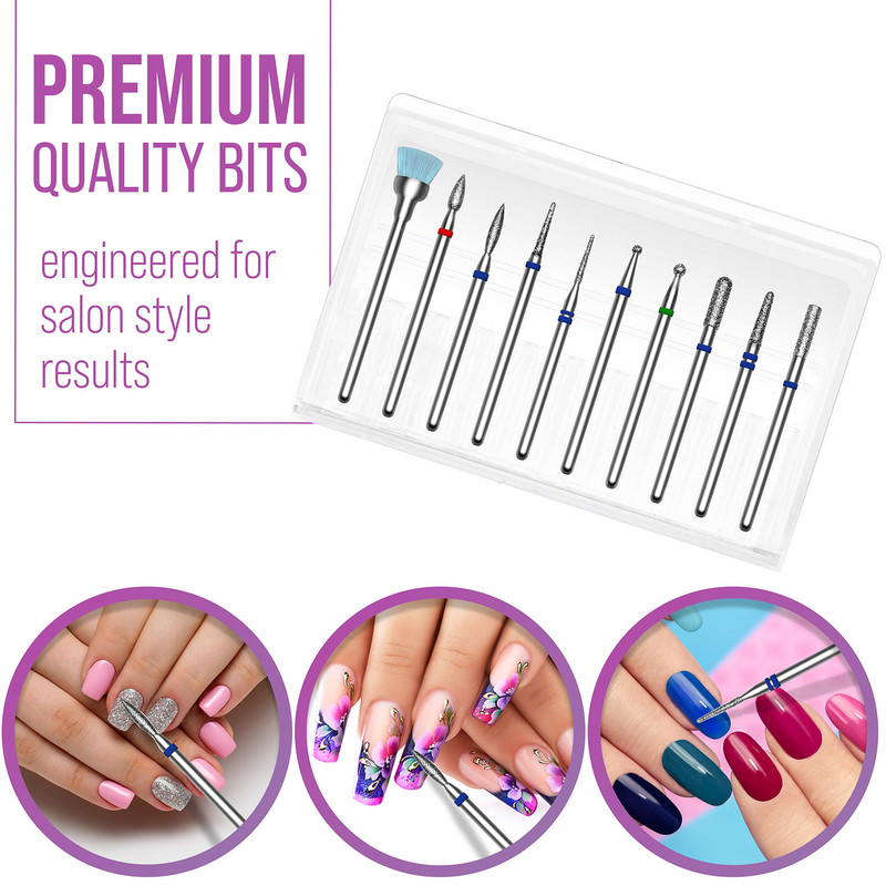 10 vnt deimantinių nagų grąžtų rinkinys akriliniams nagams profesionaliems odelių grąžtų manikiūro įrankis namų salonui SPA