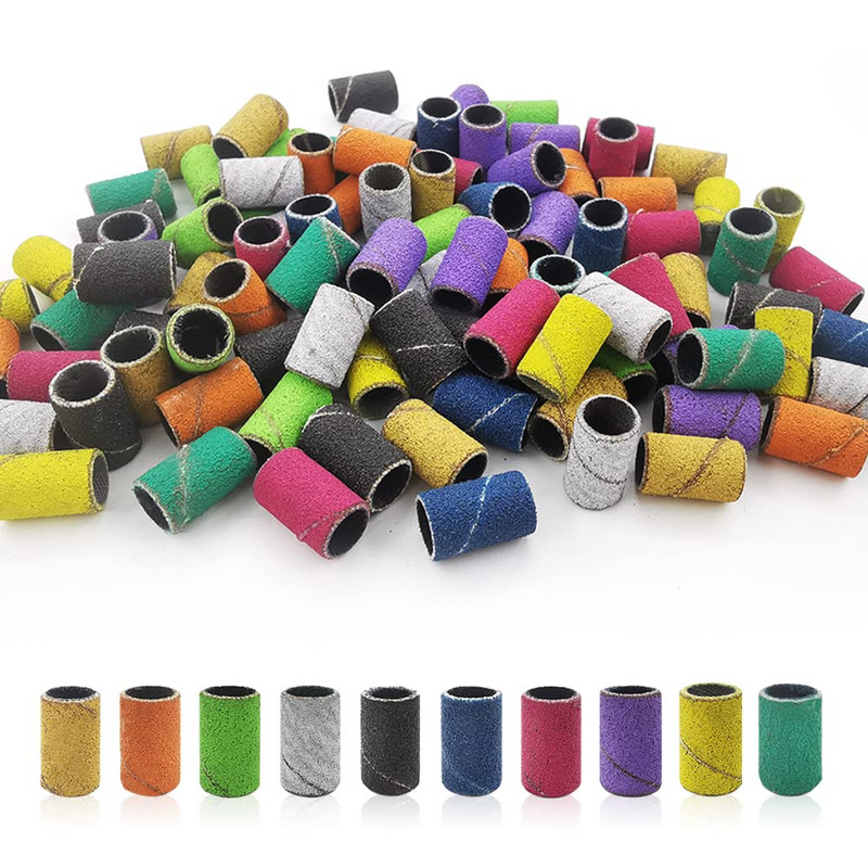 100 vnt. šlifavimo juostos nagų gręžtuvui Profesionalus nagų šlifavimo dangtelis akriliniams nagams, sumaišyti spalvą su dėžute manikiūriniam nagų priežiūrai