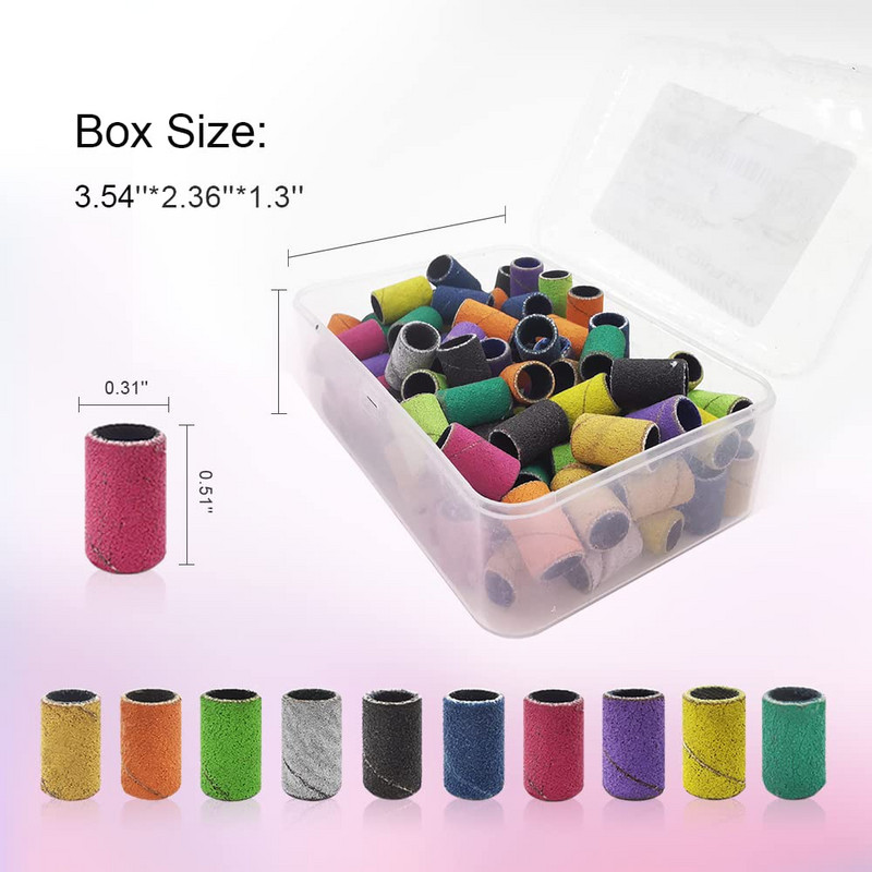 100 vnt. šlifavimo juostos nagų gręžtuvui Profesionalus nagų šlifavimo dangtelis akriliniams nagams, sumaišyti spalvą su dėžute manikiūriniam nagų priežiūrai