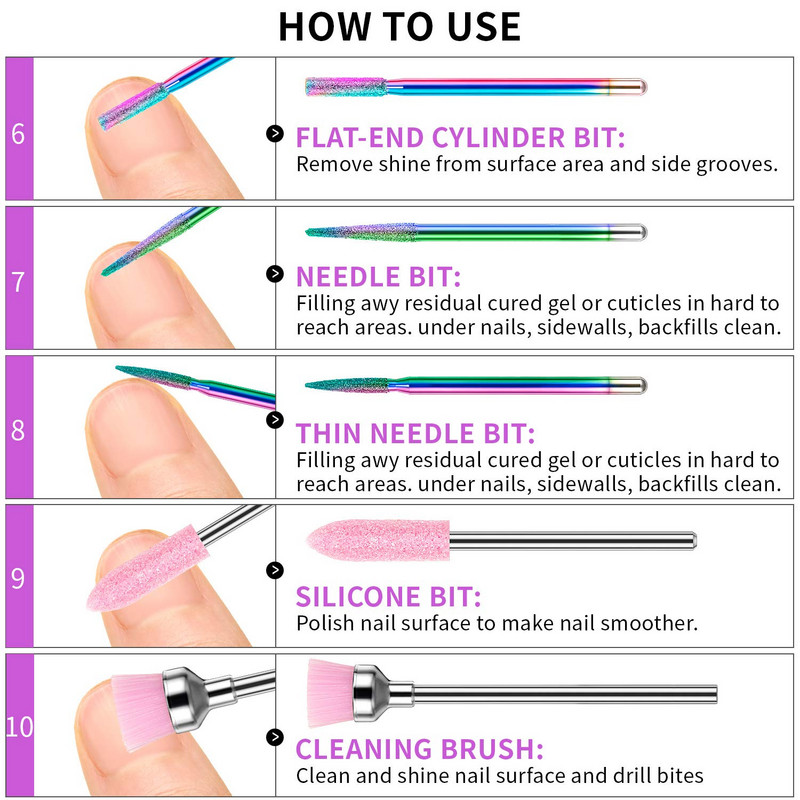 10 vienetų nagų grąžtų rinkinys deimantiniai odelių grąžtai akriliniai nagų dildės antgaliai nagų dailės įrankiai manikiūro pedikiūrui namų salone