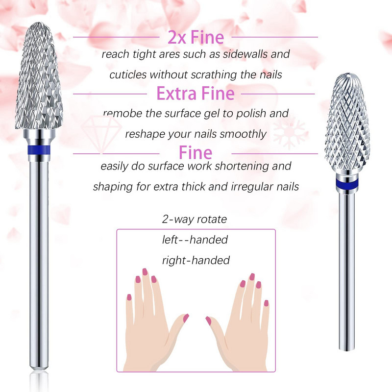 3/32 colių profesionalūs volframo nagų grąžtai, skirti akrilo nagų dailinimui karbido manikiūro pedikiūro formos pašalinimo įrankiai, namų salone