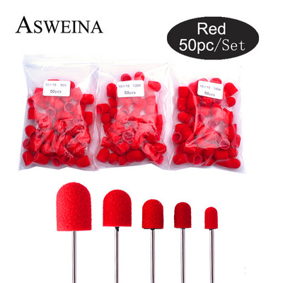 50PC Червени капачки за шлайфане на нокти 10*15 mm Свредла за нокти Полиране Nail Art Въртящи се Премахване на неравности Оборудване за маникюр Аксесоари