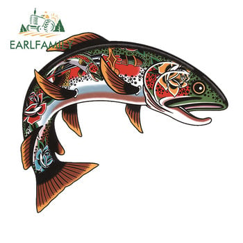 EARLFAMILY Cartoon Snake River Mountain Trout Αυτοκόλλητο Παράθυρο προφυλακτήρα Αυτοκινήτου Αυτοκόλλητα Αδιάβροχα αυτοκόλλητα αυτοκινήτου Fishing Art