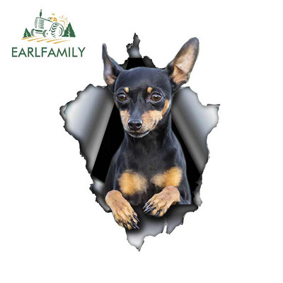 EARLFAMILY 13cm x 9.7cm Pinscher Dog Стикер за кола Разкъсана метална стикера Водоустойчиви 3D стикери за кола Светлоотразителни винилови стикери за домашни кучета