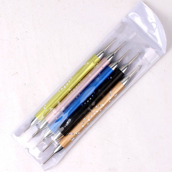 Σετ 5 τμχ UV Gel Painting Nail Art Dotting Pen Ακρυλική Λαβή Rhinestone Crystal 2 Way Πινέλο Διακόσμησης Σαλόνι Εργαλεία Μανικιούρ